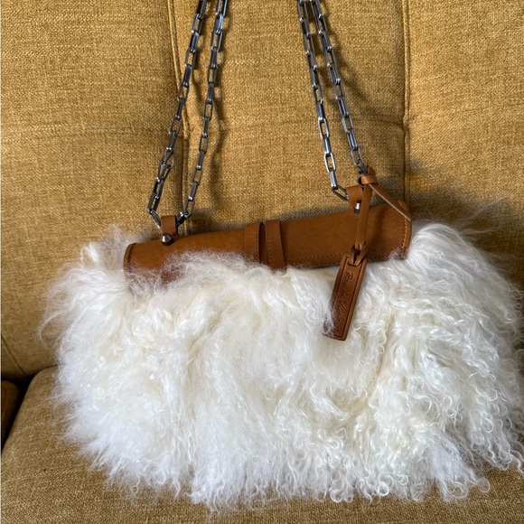 Mongolian Lamb Fur & Leather Shoulder Purse Handbag Chain Strap Statement - Picture 2 of 10